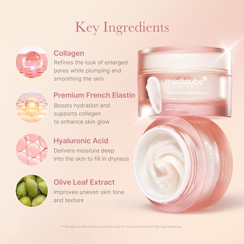 Medicube Triple Collagen Cream - Hydrating &amp; Firming Moisturizer with Hyaluronic Acid, Premium Elastin, Shea Butter - Wrinkle Care &amp; Boosts Elasticity - Korean Skincare, 1.69 oz