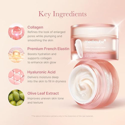 Medicube Triple Collagen Cream - Hydrating &amp; Firming Moisturizer with Hyaluronic Acid, Premium Elastin, Shea Butter - Wrinkle Care &amp; Boosts Elasticity - Korean Skincare, 1.69 oz