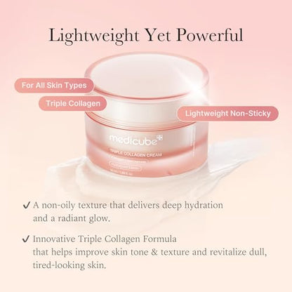 Medicube Triple Collagen Cream - Hydrating &amp; Firming Moisturizer with Hyaluronic Acid, Premium Elastin, Shea Butter - Wrinkle Care &amp; Boosts Elasticity - Korean Skincare, 1.69 oz