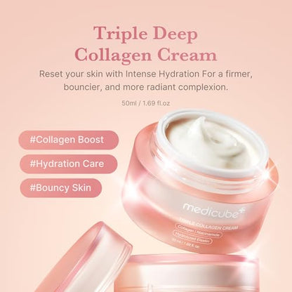 Medicube Triple Collagen Cream - Hydrating &amp; Firming Moisturizer with Hyaluronic Acid, Premium Elastin, Shea Butter - Wrinkle Care &amp; Boosts Elasticity - Korean Skincare, 1.69 oz